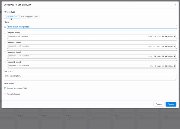 Updated queue dialog in cryoSPARC v2.12 allowing users to queue a job to specific GPUs