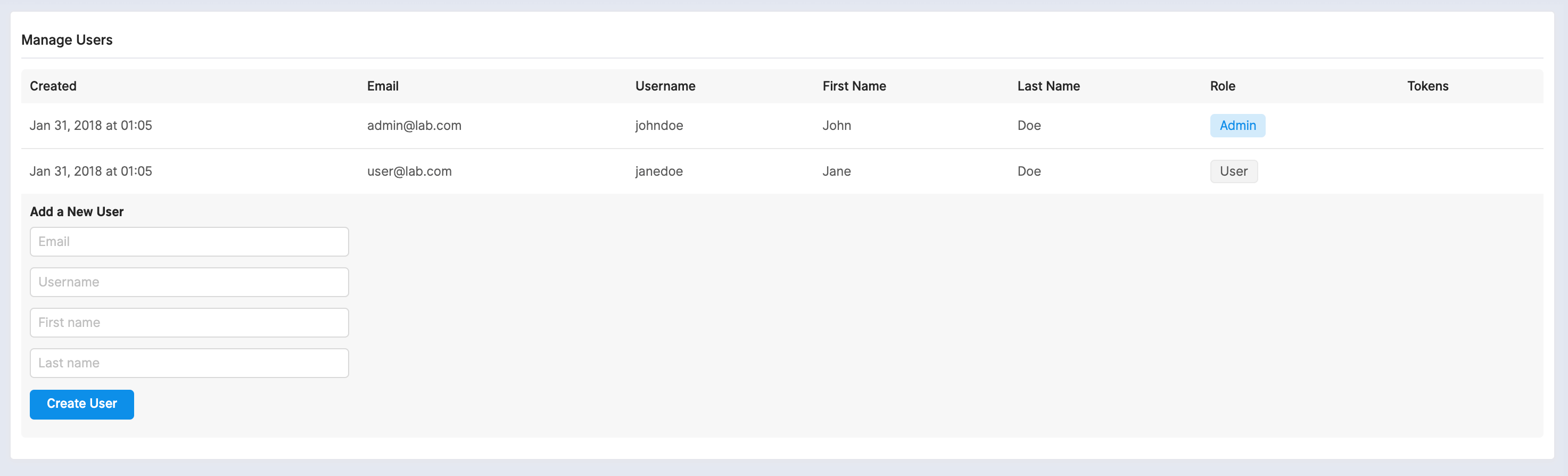 List of users and new user form