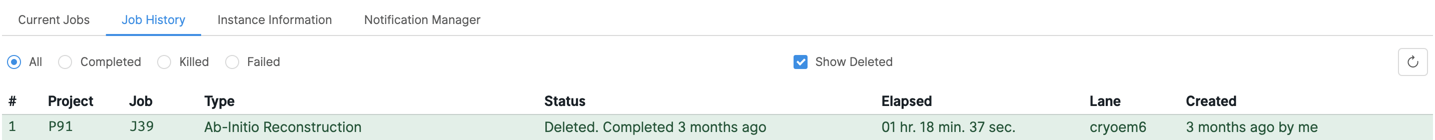 Showing deleted jobs in the job history tab within the resource manager page