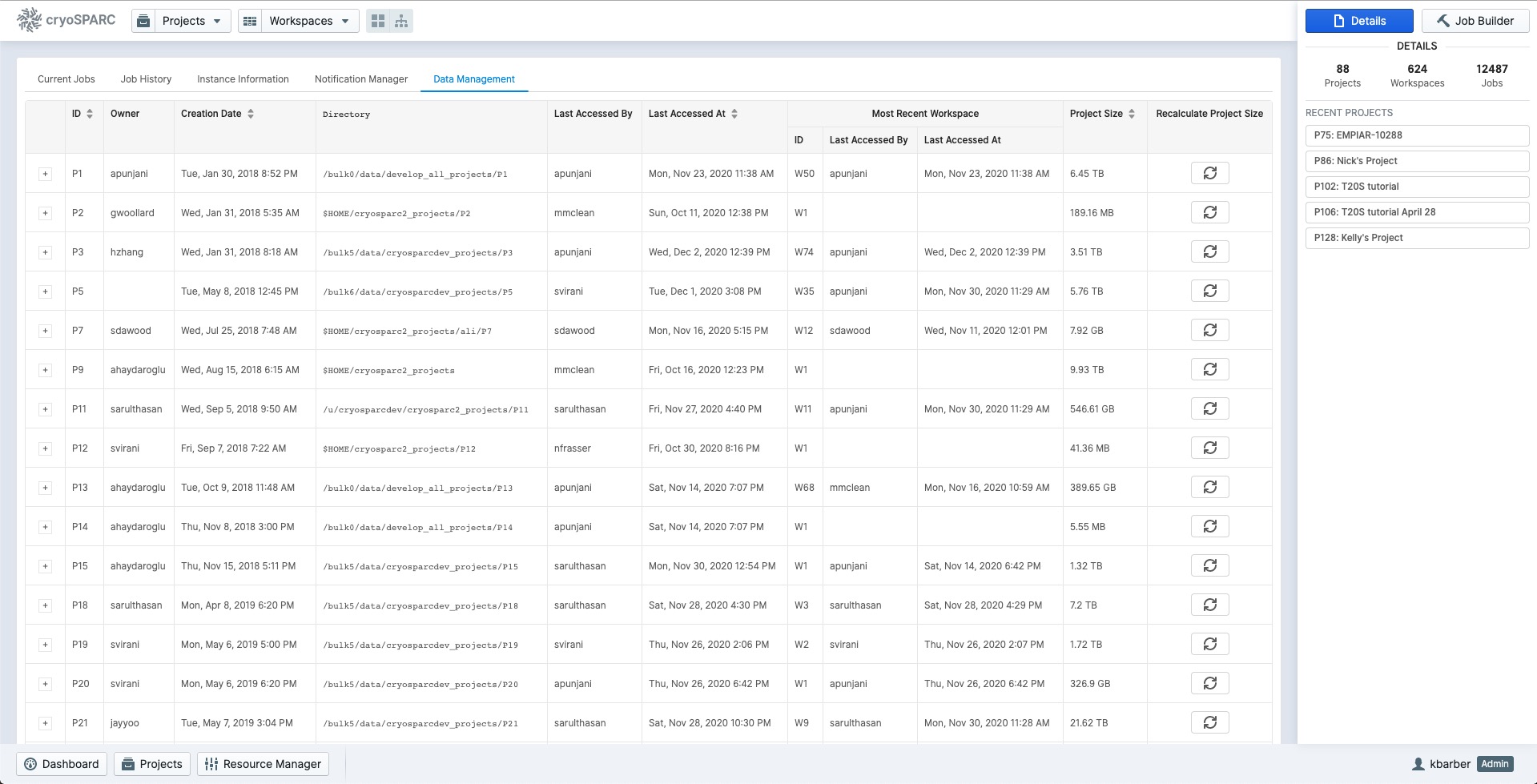 cryoSparc data management tab