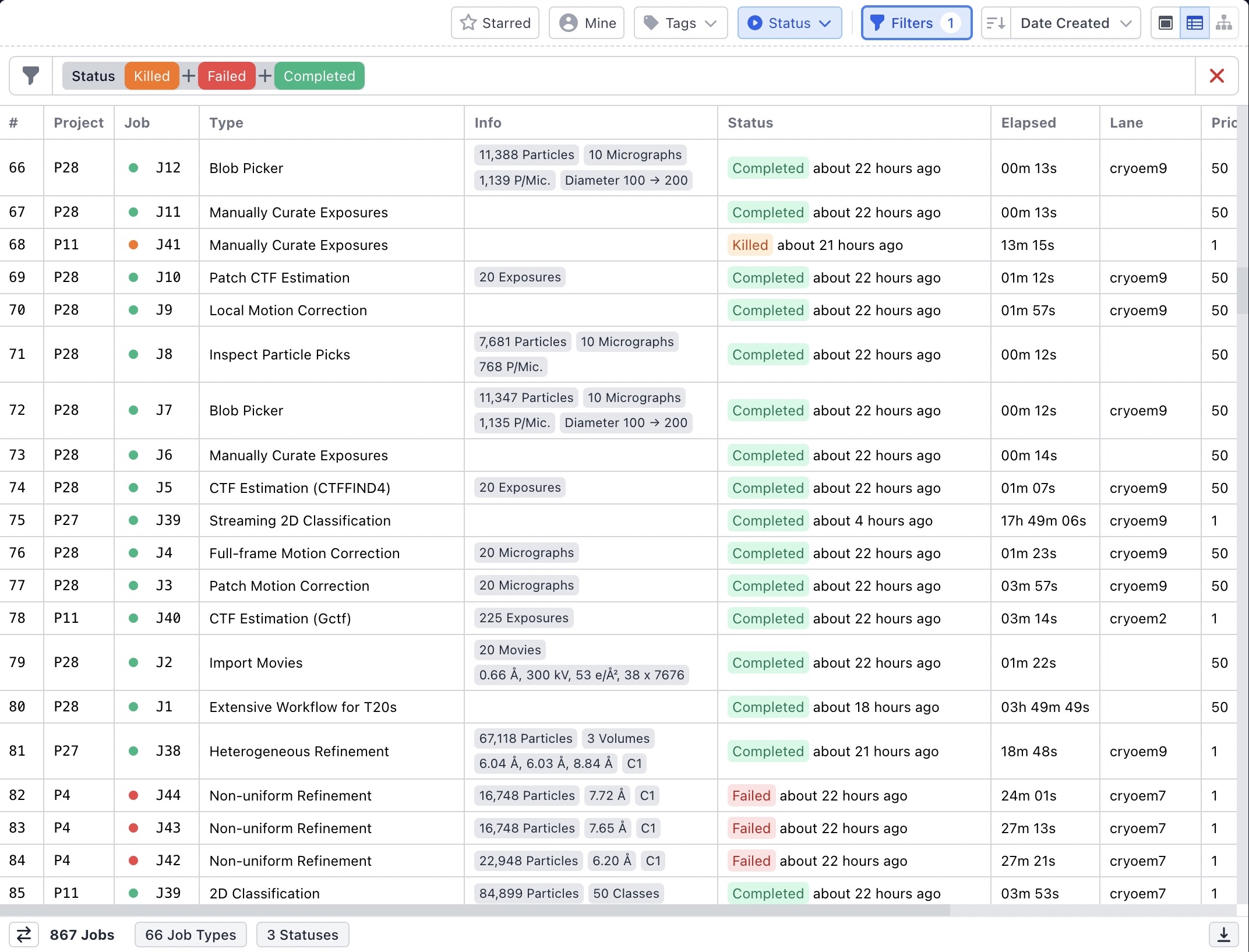 CryoSPARC browse system table view