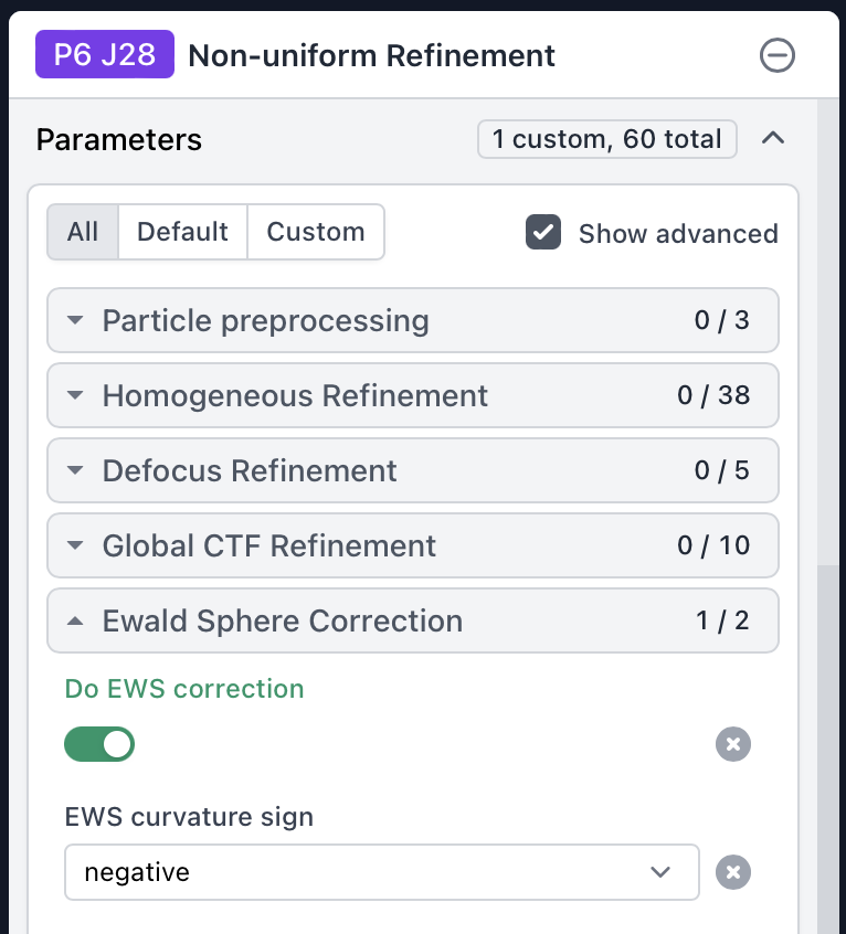 CryoSPARC Non-Uniform Refinement Ewald Sphere Correction toggle