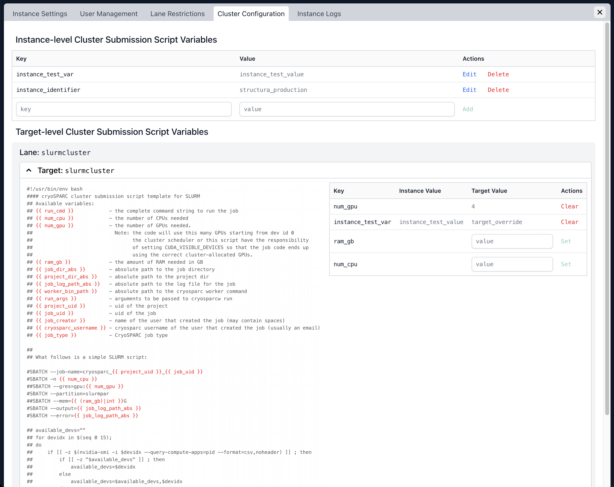 CryoSPARC cluster configuration panel