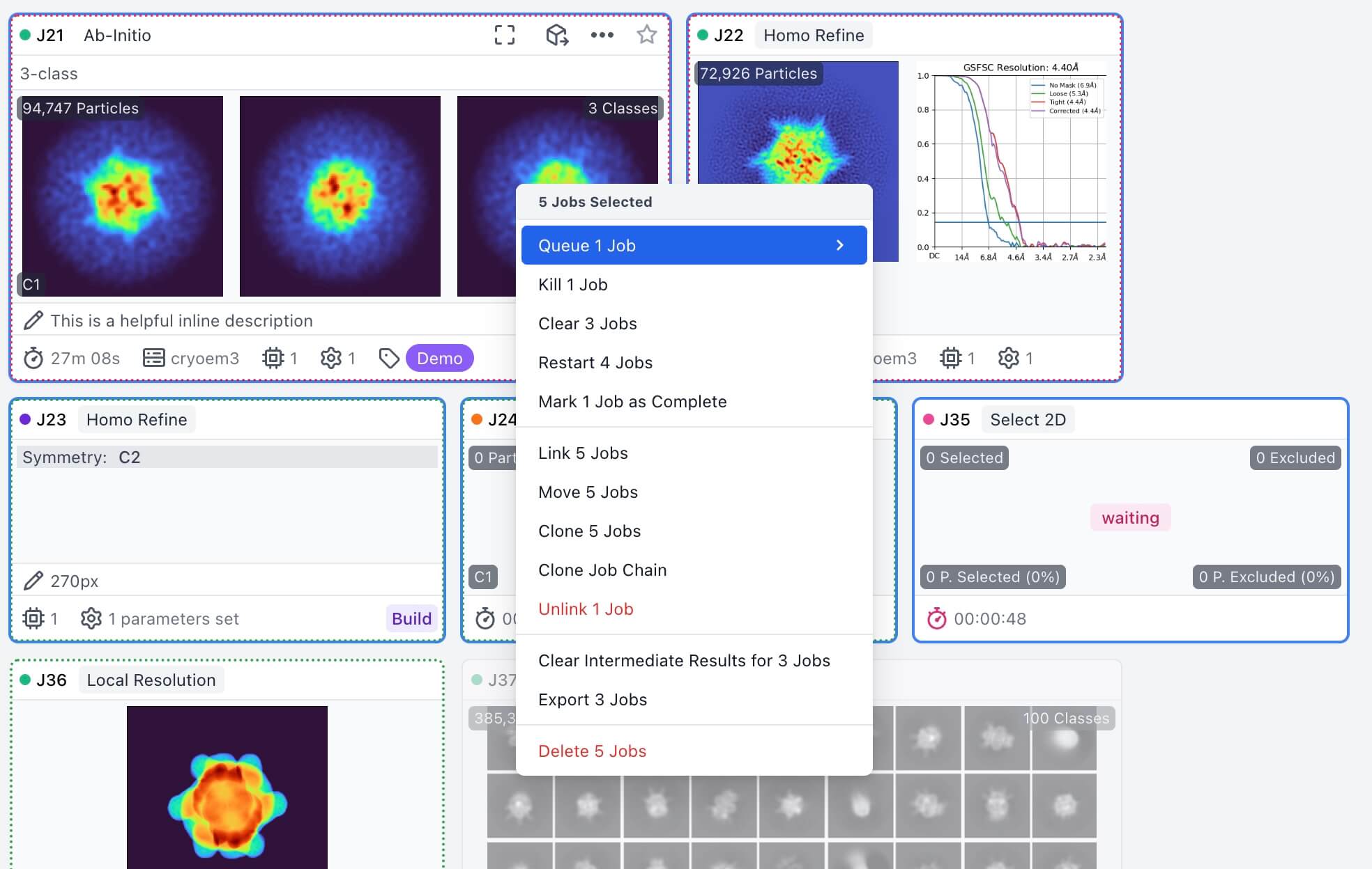 CryoSPARC multi-select actions menu