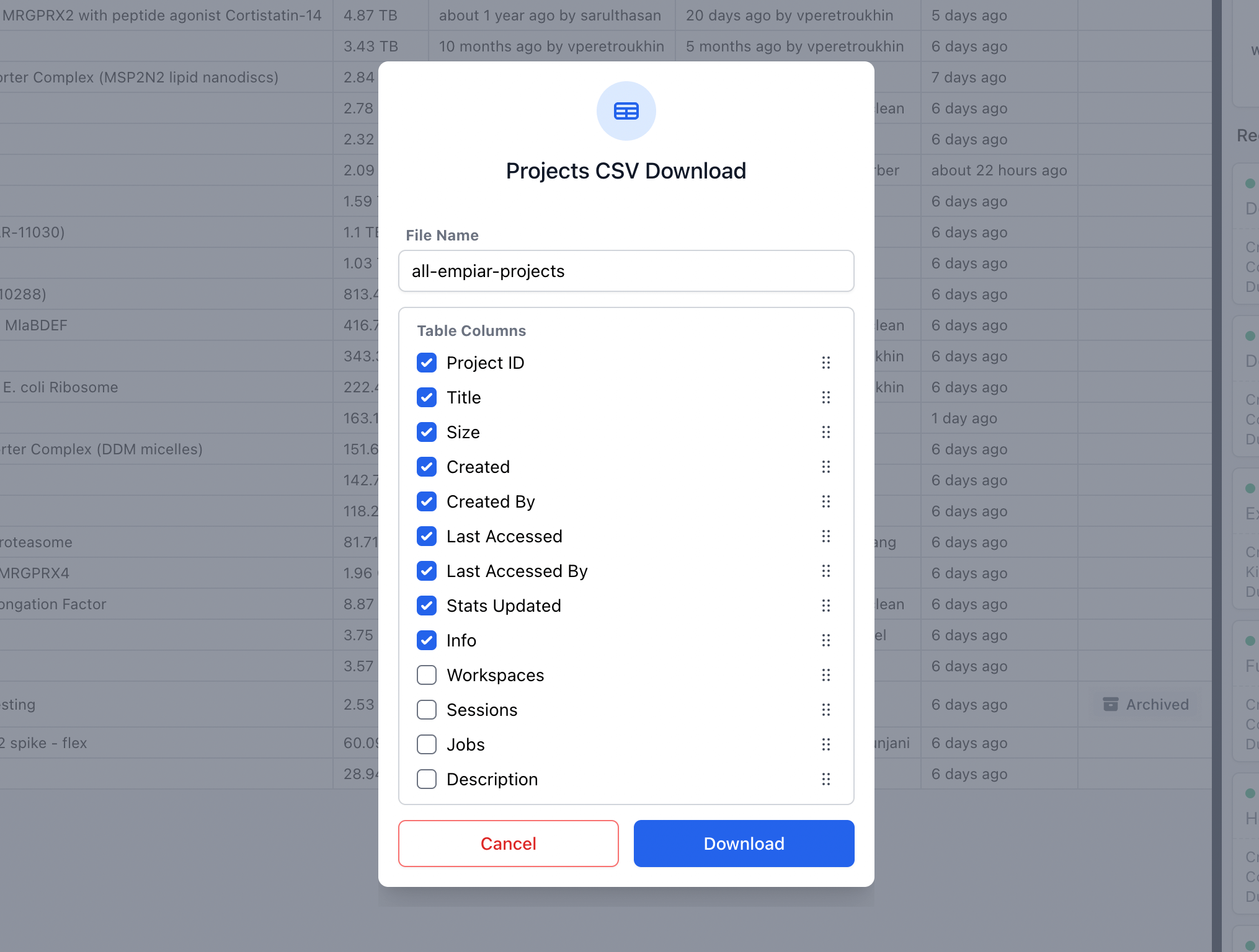 Select which fields to include in the CSV download